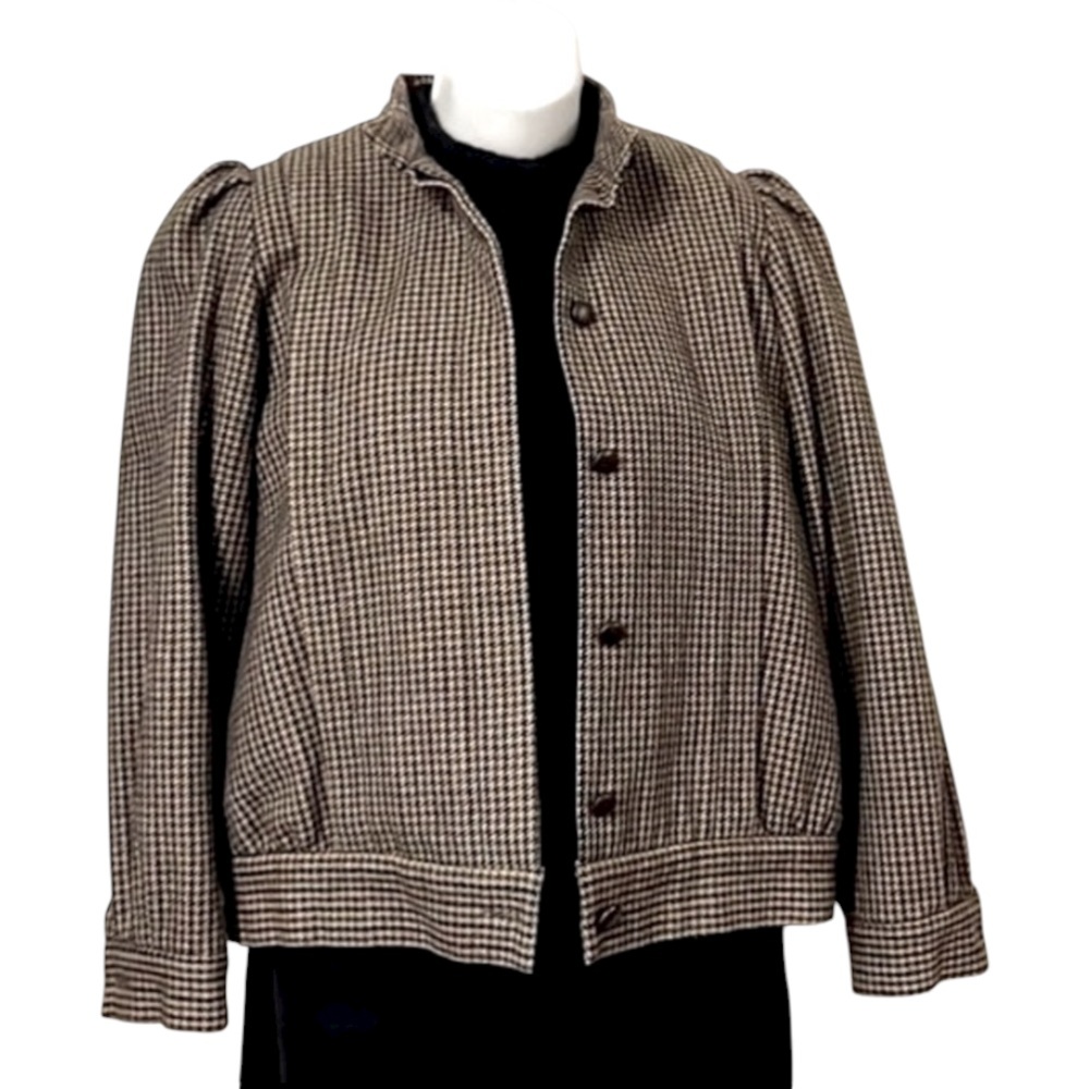 Limeei Vintage Brown Plaid Cropped Button Down Tweed Jacket Sz M